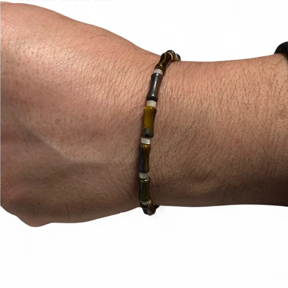 HANDMADE Brown & Black Beaded Bracelet Bamboo Shape  Tread Barrel Clasp, New.